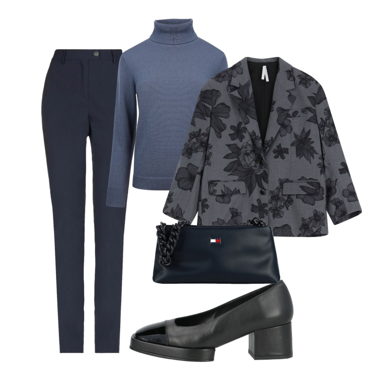 Outfit donna - Total look. Stile Bon Ton per Ufficio. Abbinamento con pantaloni, borse a mano, décolleté, blazer, maglieria.