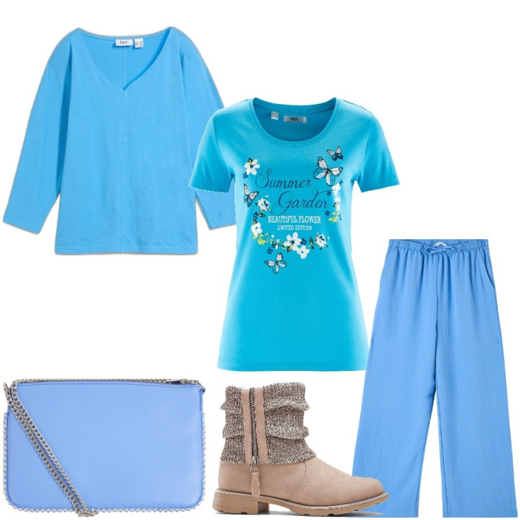 Outfit donna - Azzurro cielo. Stile Romantica per Tutti i giorni. Abbinamento con t-shirt, maglieria, stivaletti, pantaloni, borse a tracolla.