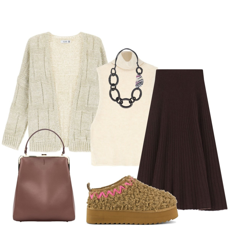 Outfit donna - In ufficio. Stile Minimal per Ufficio. Abbinamento con gonne longuette, cardigans, maglieria, stivaletti, borse a spalla, collane.