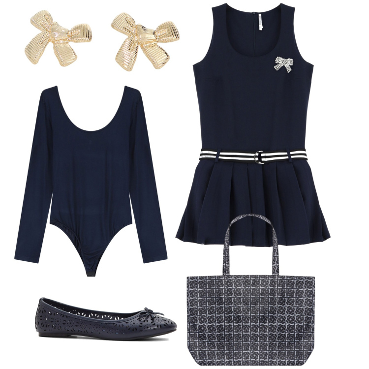 Outfit donna - Preppy. Stile Preppy per Scuola/Università. Abbinamento con ballerine, vestiti corti, top, orecchini, shopping bag.