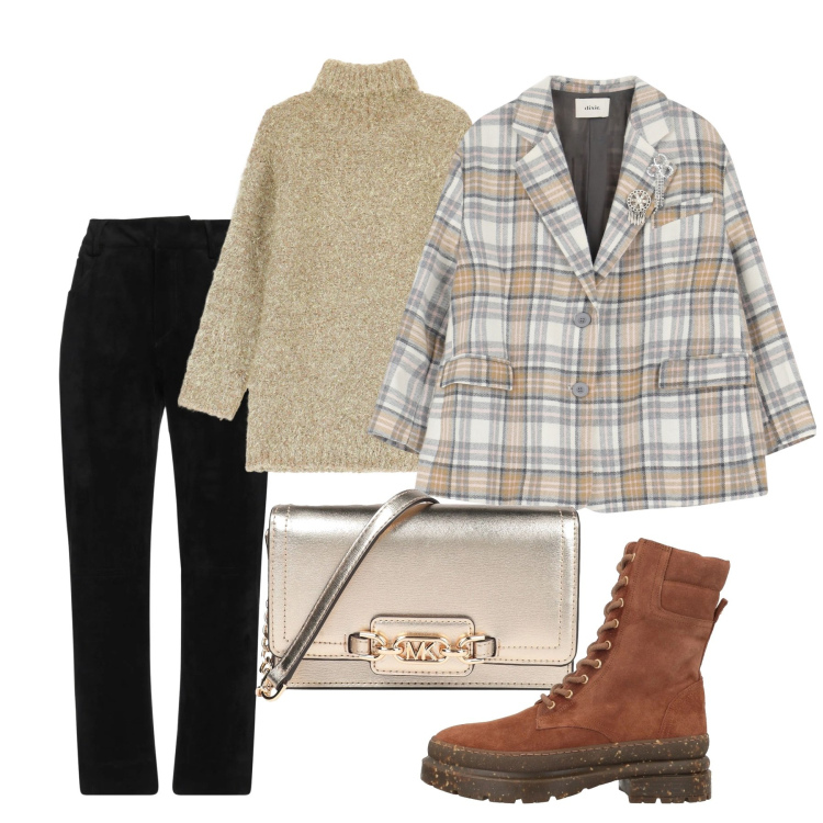 Outfit donna - Total look. Stile Bon Ton per Ufficio. Abbinamento con anfibi, pantaloni, borse a mano, maglieria, blazer.