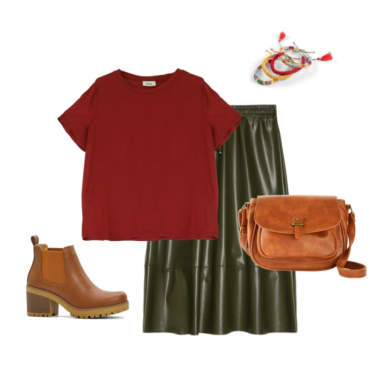 Outfit donna - Gonna verde in pelle. Stile Preppy per Tutti i giorni. Abbinamento con stivaletti chelsea, borse a tracolla, braccialetti, t-shirt, gonne longuette.
