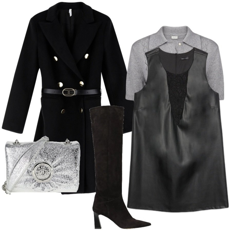 Outfit donna - Il vestito in semil pelle. Stile Trendy per Tutti i giorni. Abbinamento con stivali, borse a tracolla, cappotti, polo, vestiti senza maniche.