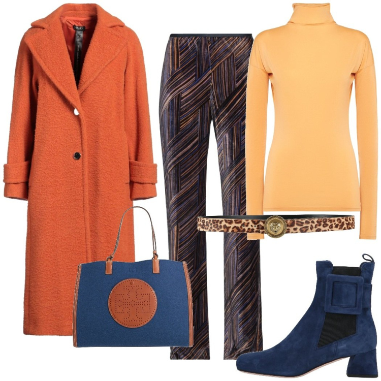 Outfit donna - Blu e arancione per la sera. Stile Trendy per Serata fuori. Abbinamento con cappotti, stivaletti, pantaloni, borse a mano, cinture, top.