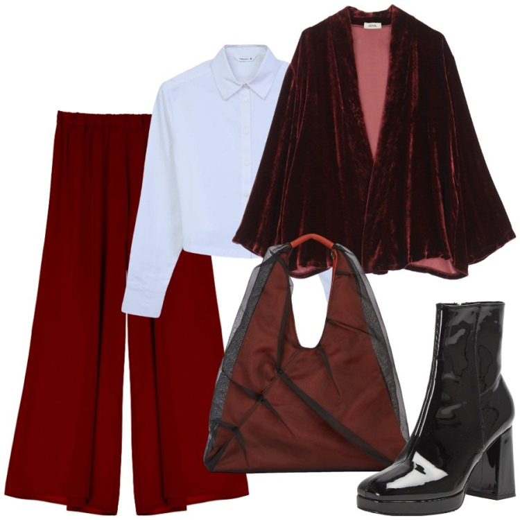 Outfit donna - La giacca in velluto liscio. Stile Trendy per Ufficio. Abbinamento con camicie, stivaletti, blazer, pantaloni, shopping bag.
