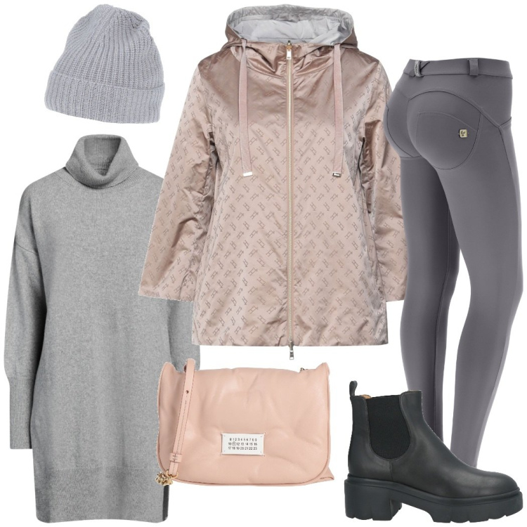 Outfit donna - A prova di pioggia. Stile Urban per Tutti i giorni. Abbinamento con blazer, maglieria, cappelli, stivaletti, borse a tracolla, pantaloni skinny.