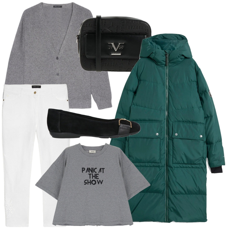 Outfit donna - Il piumino verde bosco. Stile Basic per Scuola/Università. Abbinamento con piumini, borse a tracolla, ballerine, t-shirt, pantaloni skinny, cardigans.