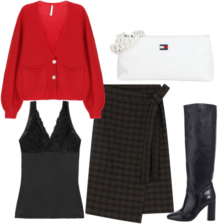 Outfit donna - Gonna check a portafoglio. Stile Minimal per Serata fuori. Abbinamento con top, borse a mano, cardigans, stivali, gonne longuette.