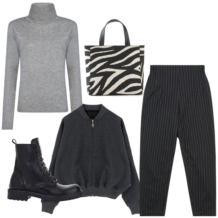 Outfit donna - Gessati. Stile Casual per Tutti i giorni. Abbinamento con borse a mano, pantaloni chino, felpe, stivaletti, maglieria.