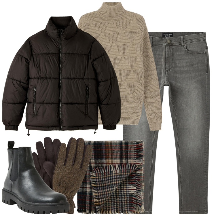 Outfit uomo - Total look #2046844. Stile Casual per Tutti i giorni. Abbinamento con stivali e stivaletti, piumini, jeans skinny, sciarpe, maglieria, guanti.