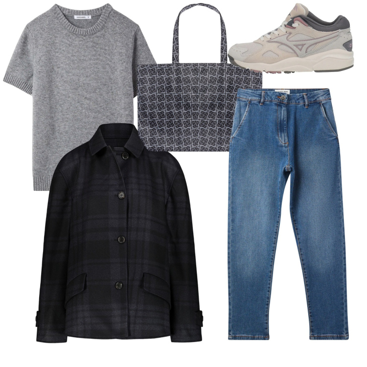 Outfit donna - Casual. Stile Casual per Tutti i giorni. Abbinamento con sneakers, jeans skinny, cardigans, shopping bag, blazer.