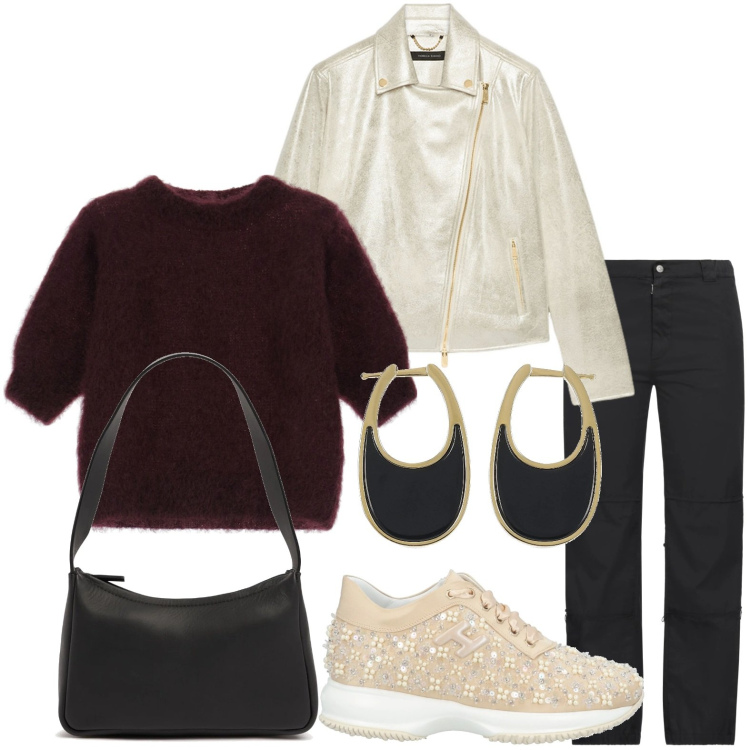 Outfit donna - Il chiodo argento. Stile Urban per Tutti i giorni. Abbinamento con sneakers, pantaloni, maglieria, blazer, orecchini, borse a spalla.