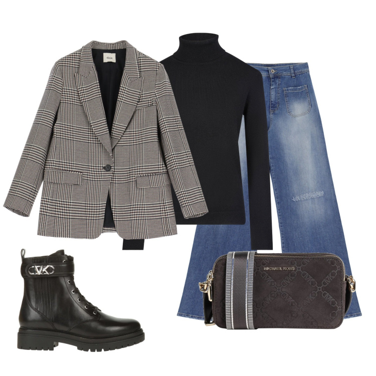 Outfit donna - Giacca a quadri. Stile Casual chic per Tutti i giorni. Abbinamento con anfibi, borse a tracolla, blazer, jeans, maglieria.