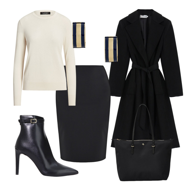 Outfit donna - Classico B&W. Stile Casual chic per Ufficio. Abbinamento con gonne, cappotti, stivaletti, borse tote, maglieria, orecchini.