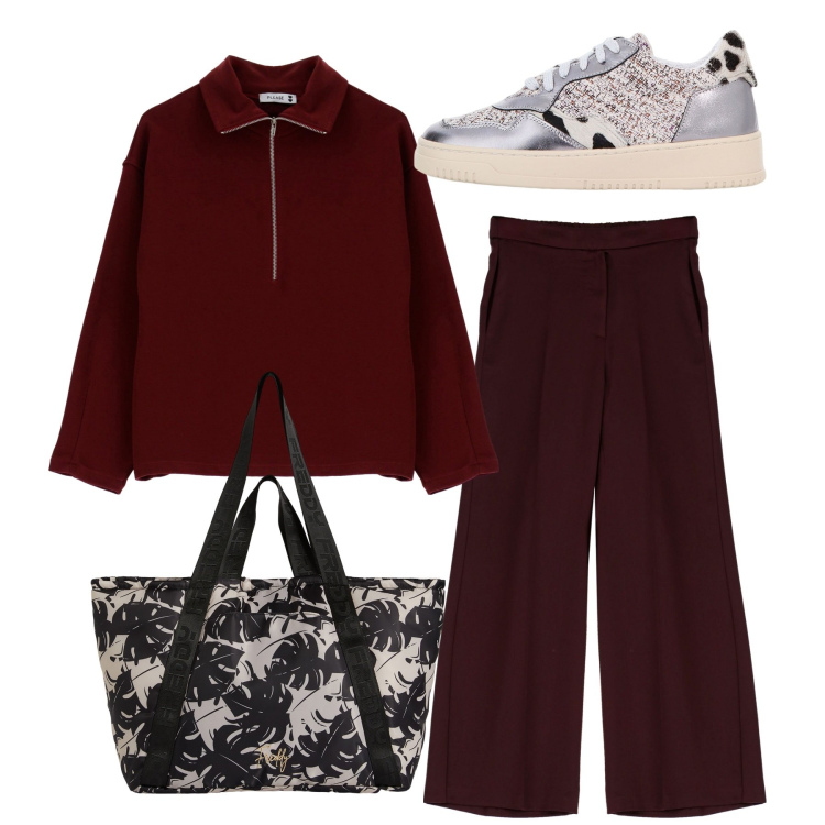 Outfit donna - Rosso vino. Stile Basic per Tutti i giorni. Abbinamento con felpe, pantaloni, sneakers, shopping bag.