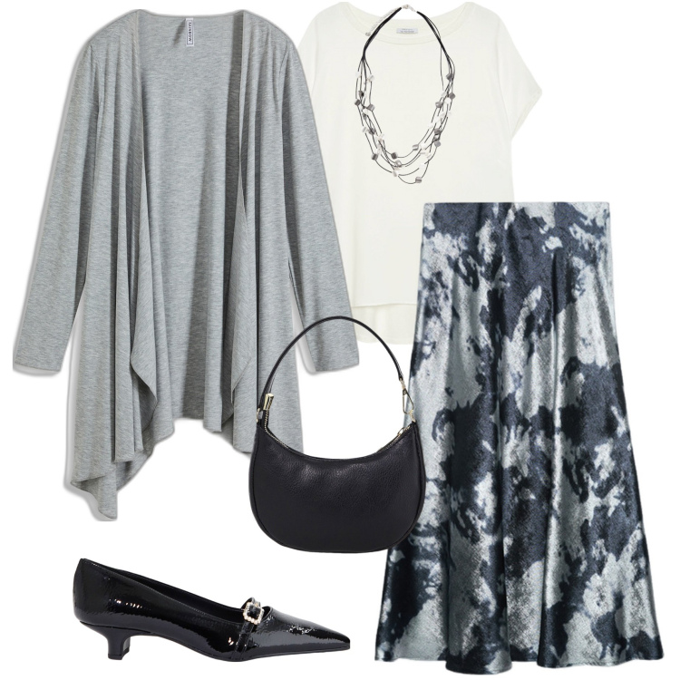 Outfit donna - Serata. Stile Chic per Serata fuori. Abbinamento con cardigans, ballerine, gonne longuette, collane, bluse, borse a spalla.