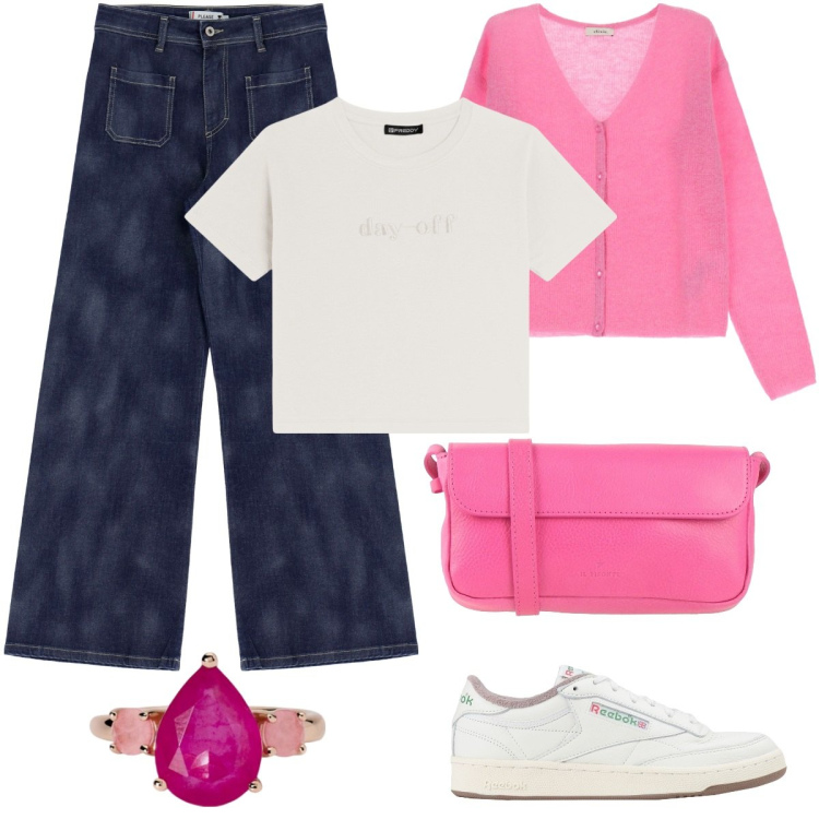 Outfit donna - Gli anni. Stile Urban per Scuola/Università. Abbinamento con borse a tracolla, sneakers, anelli, jeans bootcut, t-shirt, cardigans.