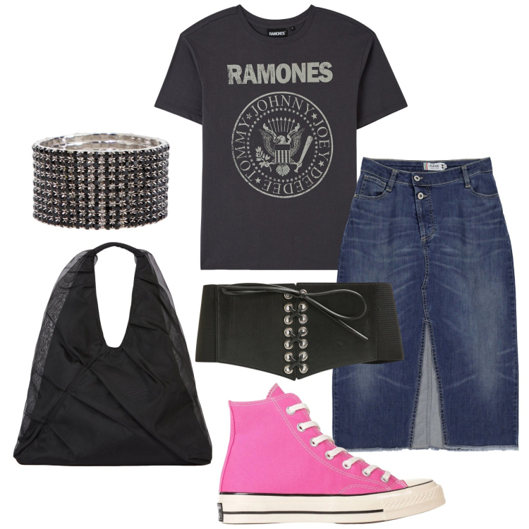 Outfit donna - Ramones. Stile Rock per Scuola/Università. Abbinamento con sneakers alte, t-shirt, cinture, gonne, braccialetti, shopping bag.
