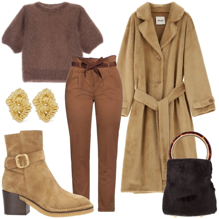 Outfit donna - Tessuti morbidi e avvolgenti. Stile Chic per Serata fuori. Abbinamento con pantaloni, stivaletti, borse a mano, t-shirt, cappotti, orecchini.
