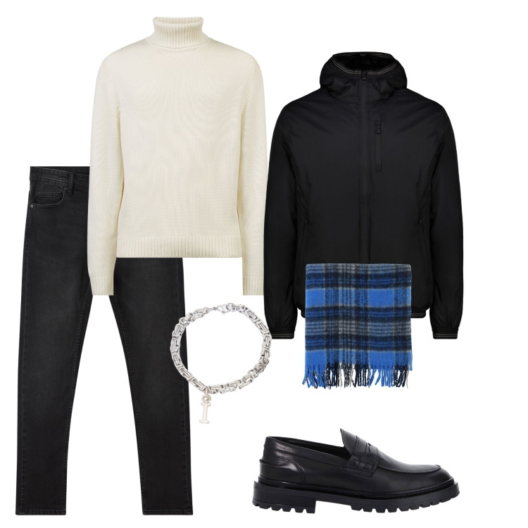 Outfit uomo - Commissioni in città. Stile Casual per Tutti i giorni. Abbinamento con jeans skinny, scarpe stringate, braccialetti, sciarpe, giacche, maglieria.