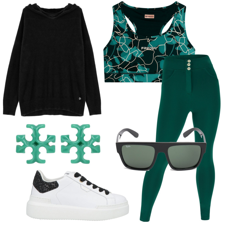 Outfit donna - Rimettersi in forma. Stile Basic per Sport. Abbinamento con sneakers, orecchini, felpe con cappuccio, pantaloni skinny, reggiseni, occhiali da sole.
