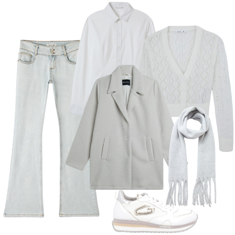 Outfit donna - Bianco e ghiaccio. Stile Casual per Tutti i giorni. Abbinamento con sneakers, cardigans, jeans a zampa, sciarpe, camicie, cappotti.