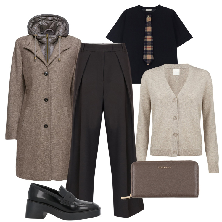 Outfit donna - Rigore in ufficio. Stile Mannish per Ufficio. Abbinamento con cappotti, portafogli, mocassini, t-shirt, cardigans, pantaloni.