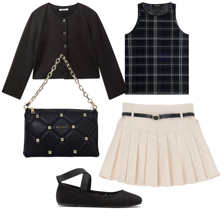 Outfit donna - Gonnellina e ballerine. Stile Bon Ton per Tutti i giorni. Abbinamento con ballerine, blazer, minigonne, borse a spalla, canottiere.