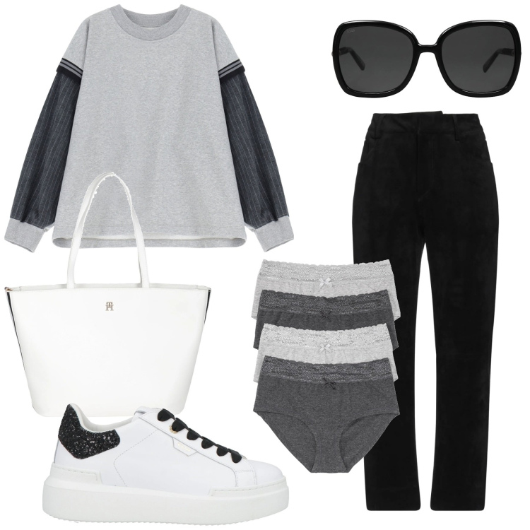 Outfit donna - Basic. Stile Basic per Tutti i giorni. Abbinamento con culotte, pantaloni, occhiali da sole, borse a mano, sneakers, felpe.
