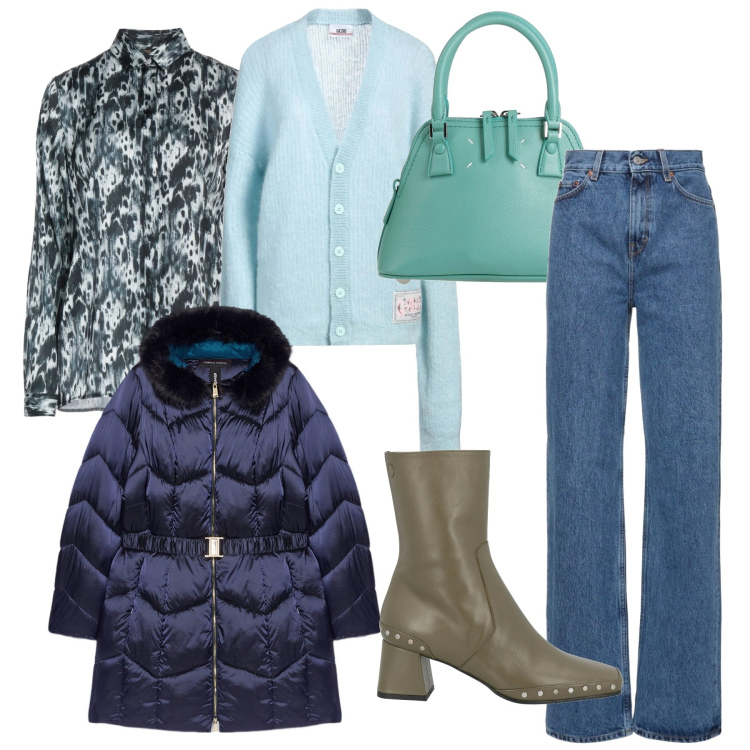 Outfit donna - Piumino blu notte. Stile Bon Ton per Ufficio. Abbinamento con camicie, borse a mano, cardigans, stivaletti, piumini, jeans.