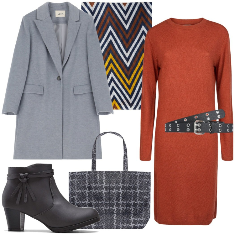 Outfit donna - A lavoro. Stile Urban per Ufficio. Abbinamento con stivaletti, cinture, cappotti, vestiti, shopping bag, sciarpe.