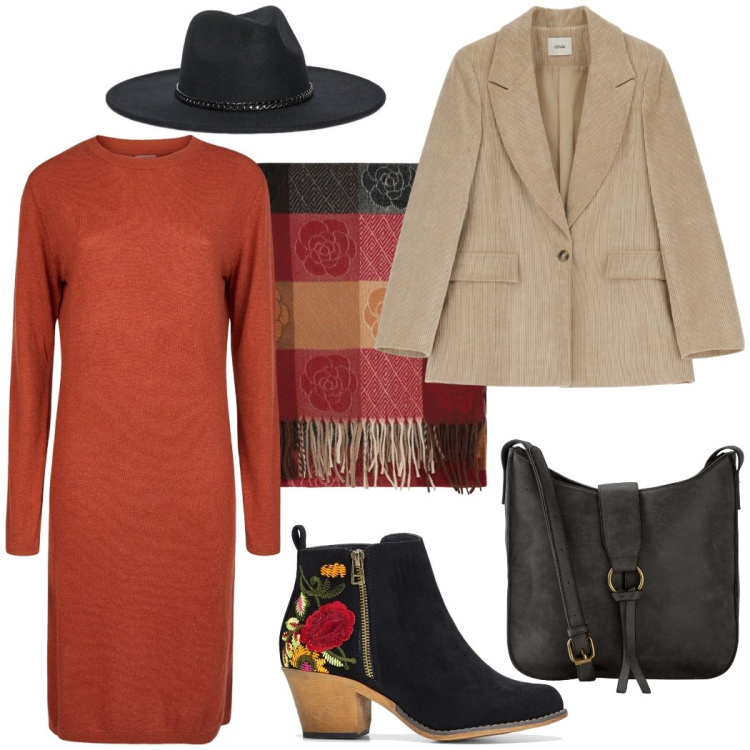 Outfit donna - Gli stivaletti ricamati. Stile Casual chic per Tutti i giorni. Abbinamento con stivaletti, borse a tracolla, foulard, blazer, vestiti, cappelli.