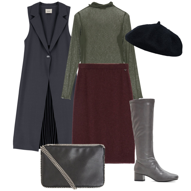 Outfit donna - Il gilet lungo. Stile Bon Ton per Ufficio. Abbinamento con stivali, borse a tracolla, gonne longuette, maglieria, cappotti, cappelli e berretti.