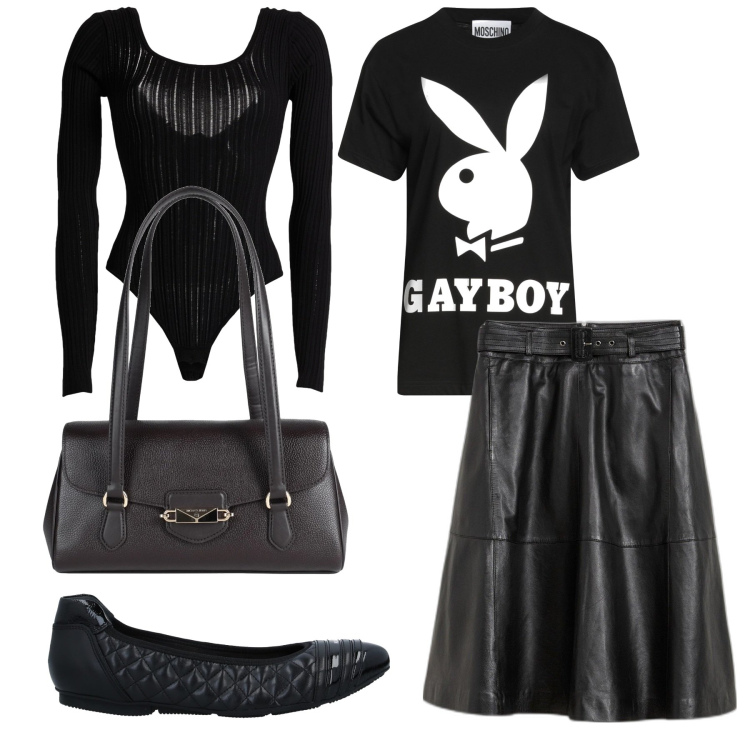 Outfit donna - Gonna di pelle. Stile Glamour per Tutti i giorni. Abbinamento con gonne, body, borse a mano, t-shirt, ballerine.
