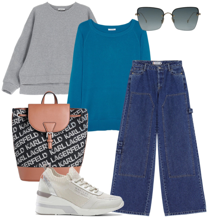 Outfit donna - Per tutti i giorni. Stile Casual per Tutti i giorni. Abbinamento con sneakers, zaini, occhiali da sole, jeans, felpe, maglieria.