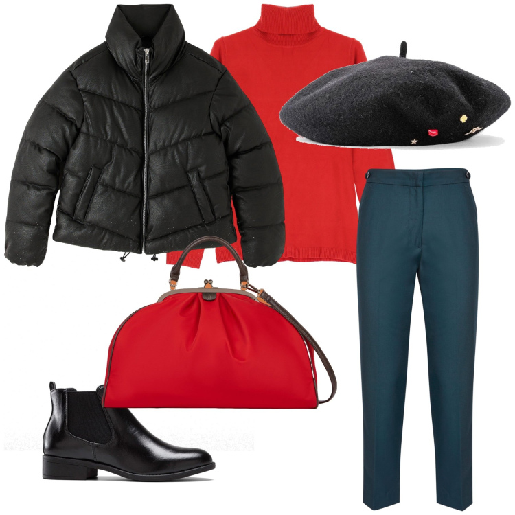 Outfit donna - Uno spunto di rosso per il lunedì. Stile Trendy per Tutti i giorni. Abbinamento con stivaletti chelsea, cappelli e berretti, piumini, maglieria, pantaloni, borse a spalla.
