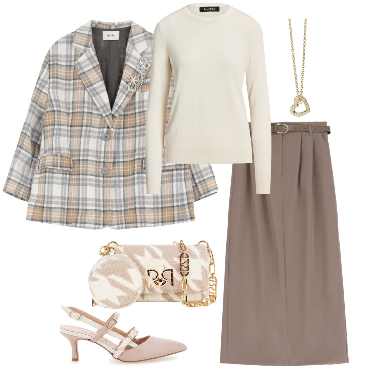 Outfit donna - Una serata a cena. Stile Bon Ton per Serata fuori. Abbinamento con collane, borse a tracolla, gonne lunghe, blazer, maglieria, décolleté.