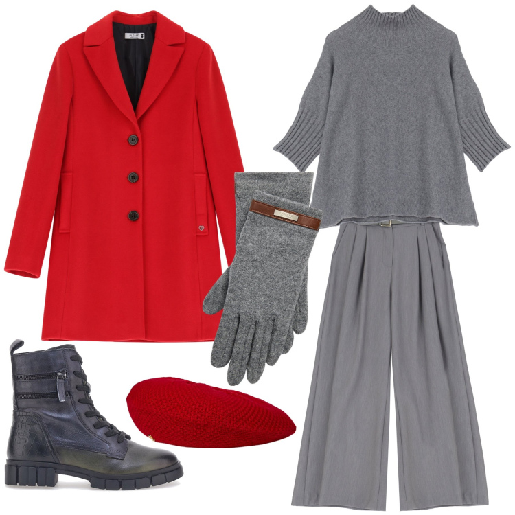 Outfit donna - Giornata fredda. Stile Casual chic per Tutti i giorni. Abbinamento con cappotti, pantaloni, maglieria, guanti, berretti, anfibi.