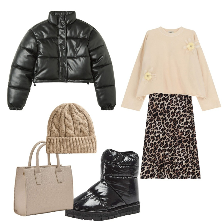 Outfit donna - Giornata shopping. Stile Casual chic per Tutti i giorni. Abbinamento con berretti, shopping bag, stivali da neve, blazer, gonne longuette, felpe.