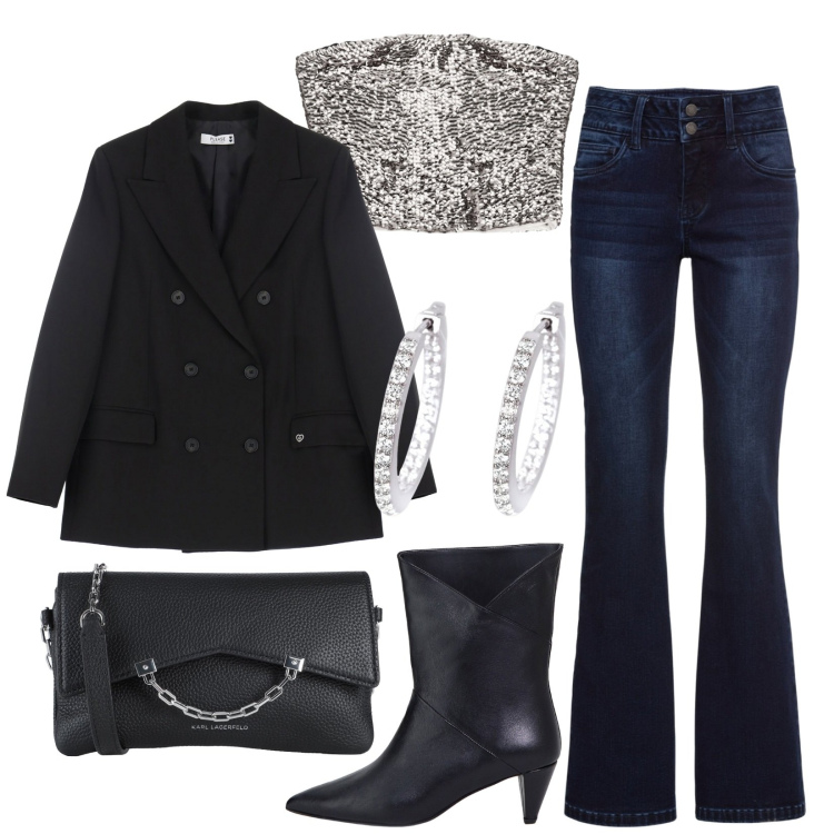 Outfit donna - Serata anni \'90. Stile Glamour per Serata fuori. Abbinamento con jeans bootcut, borse a tracolla, orecchini, blazer, top, stivaletti.