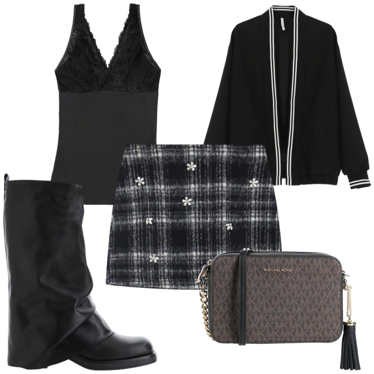 Outfit donna - Total look #2047069. Stile Trendy per Tutti i giorni. Abbinamento con top, borse a tracolla, cardigans, stivali, minigonne.