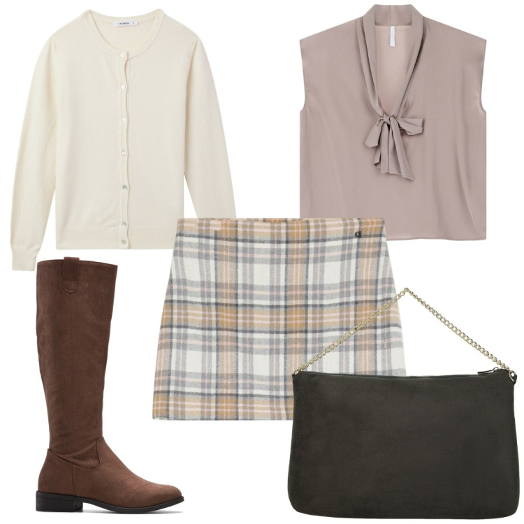 Outfit donna - Total look #2047071. Stile Trendy per Tutti i giorni. Abbinamento con stivali, cardigans, top, pochette, minigonne.