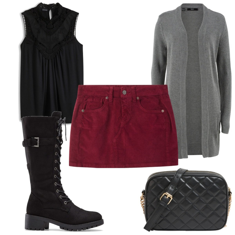 Outfit donna - Total look #2047074. Stile Trendy per Tutti i giorni. Abbinamento con cardigans, stivali, top, borse a tracolla, minigonne.