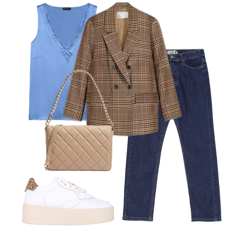 Outfit donna - Total look #2047075. Stile Basic per Tutti i giorni. Abbinamento con blazer, borse a tracolla, jeans dritti, sneakers, top.