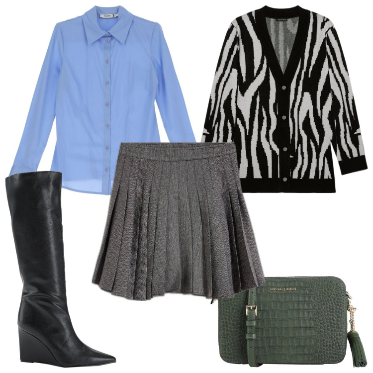 Outfit donna - Total look #2047076. Stile Trendy per Tutti i giorni. Abbinamento con minigonne, borse a tracolla, stivali, camicie, cardigans.