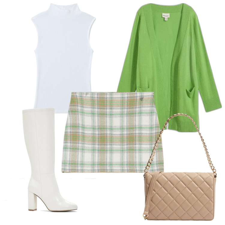 Outfit donna - Total look #2047086. Stile Trendy per Tutti i giorni. Abbinamento con cardigans, stivali, minigonne, top, borse a tracolla.