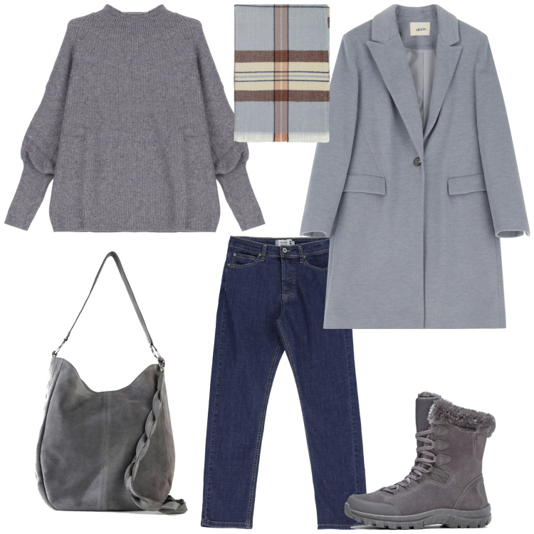 Outfit donna - Basic casual. Stile Basic per Tutti i giorni. Abbinamento con stivaletti, borse a mano, jeans dritti, sciarpe, maglieria, cappotti.