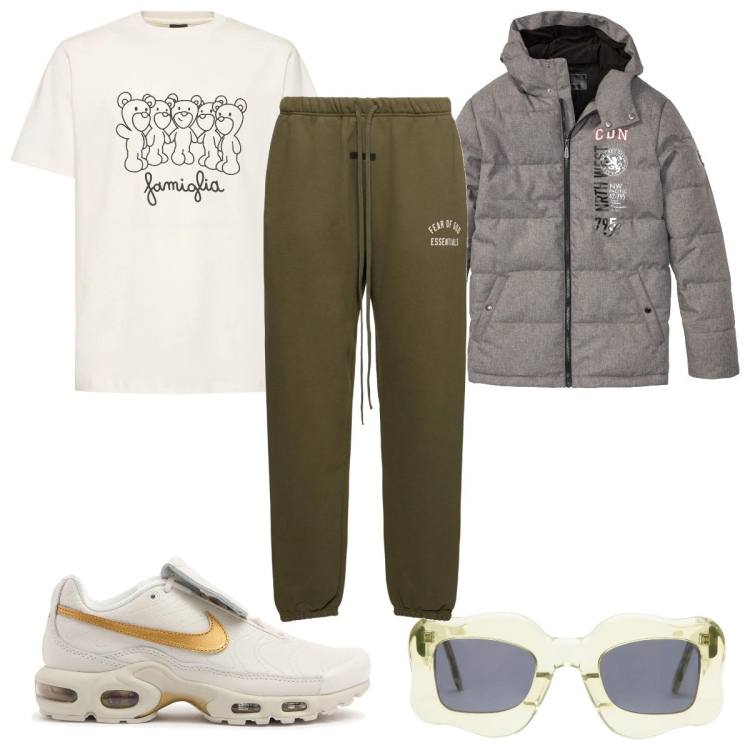 Outfit uomo - Total look #2047107. Stile Trendy per Tutti i giorni. Abbinamento con giacche, occhiali da sole, sneakers, pantaloni, t-shirt.