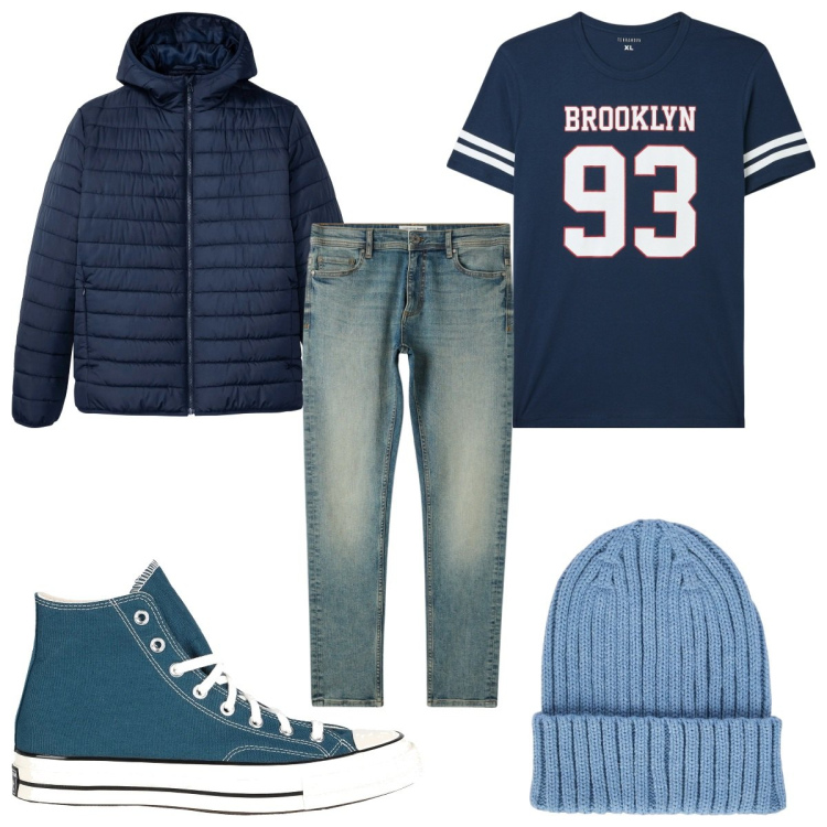 Outfit uomo - Total look #2047109. Stile Urban per Tutti i giorni. Abbinamento con giacche, sneakers alte, t-shirt, jeans skinny, berretti.