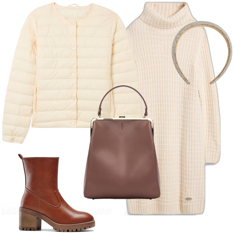 Outfit donna - Panna e cioccolata. Stile Bon Ton per Ufficio. Abbinamento con stivaletti, vestiti, piumini, cerchietti, borse a spalla.